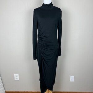 INTERMIX Maxi Dress Womens Large Black Gathered Wool Blend Long Sleeve High Neck